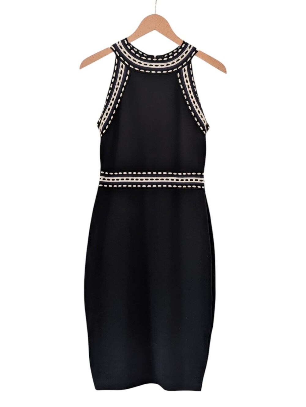 Milly Black Halter Heavy Stretch Knit Sheath Dress Contrast Border Trim Large